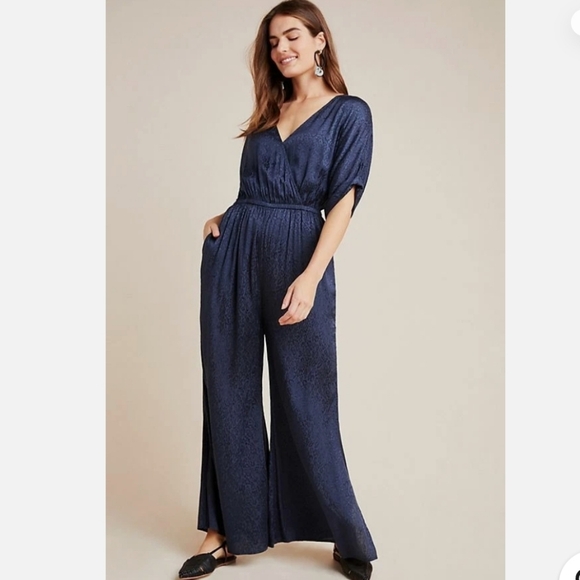Anthropologie Pants - ANTHROPOLOGIE - Maeve Jacqueline Jacquard Navy Blue Jumpsuit